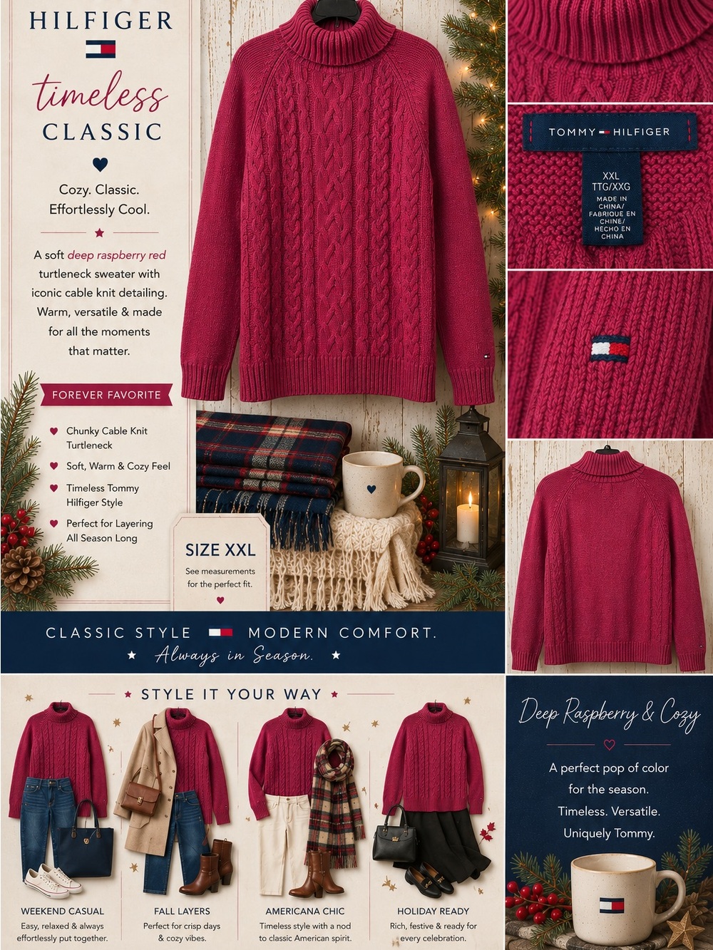Tommy Hilfiger Deep Raspberry Cable Knit Turtleneck Sweater - Rich Berry